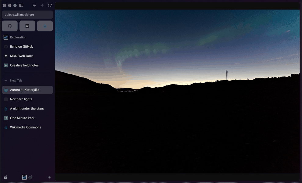 A real Echo window with a deep navy and violet Space, dark Favorites, GitHub and MDN tabs, and a CC0 aurora photograph in a dark image viewer.